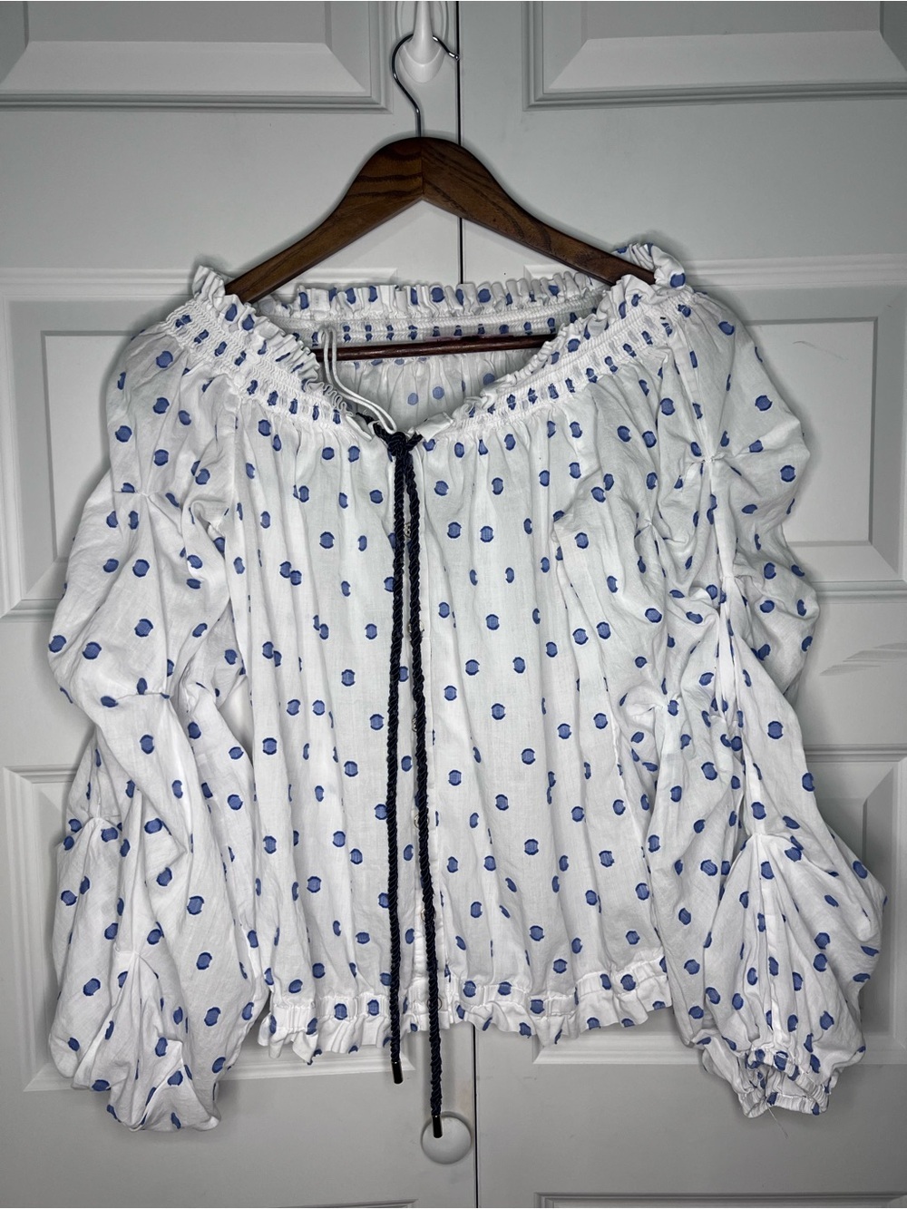Pookie & Sebastian White Blue Polka Dot Off Shoulder Peasant Top M